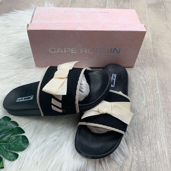 Cape Robbin Shoes - Cape Robbin Seersucker Bow Black Sandals Slides Cape Robbin Shoes - Cape Robbin Seersucker Bow Black Sandals Slides